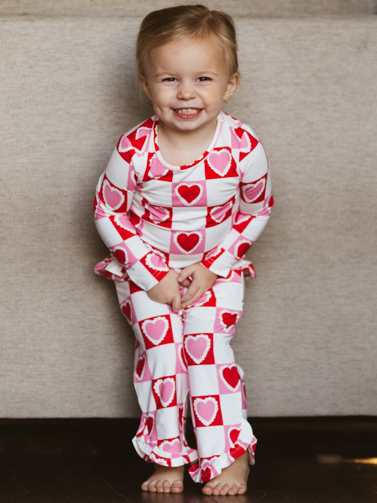 Ruffled Pant Set - Block Hearts