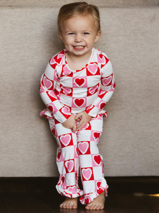 Ruffled Pant Set - Block Hearts