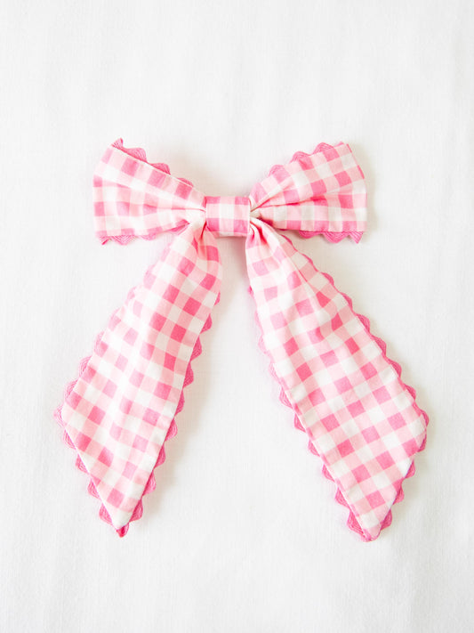 Small Long Tail Bow - Bright Pink Gingham