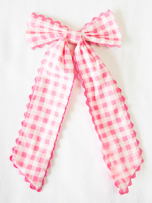 Large Long Tail Bow - Bright Pink Gingham