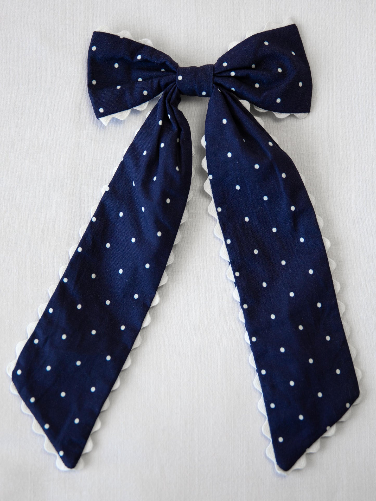 Large Long Tail Bow - Navy Dotty