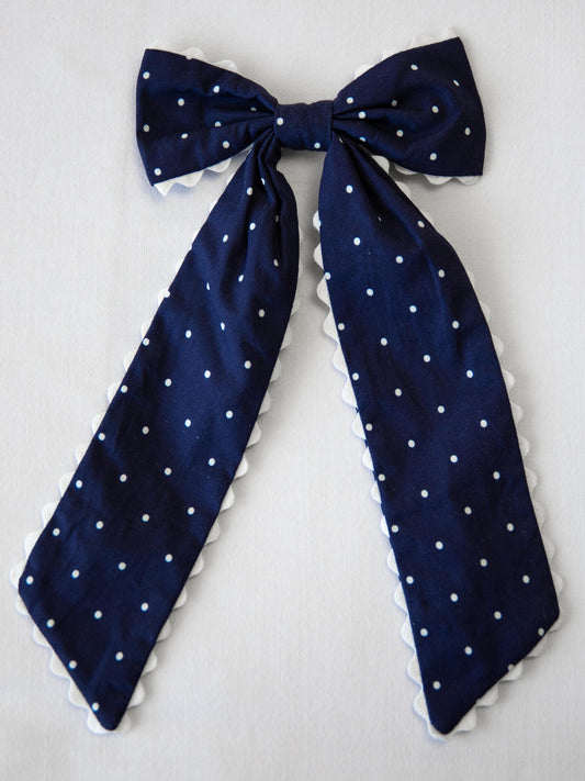 Large Long Tail Bow - Navy Dotty