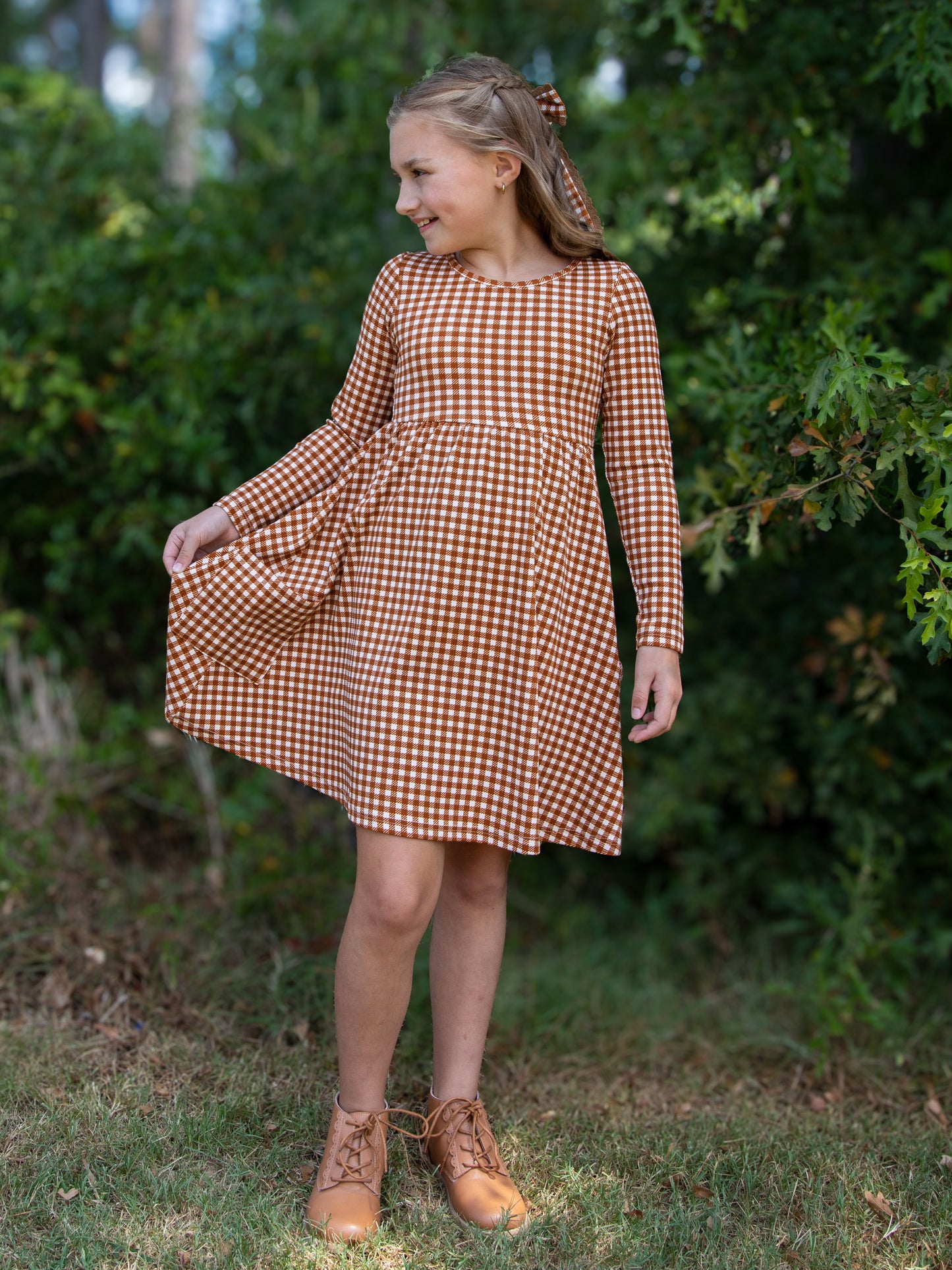 Fitted Ribbed Dress - Brown Check