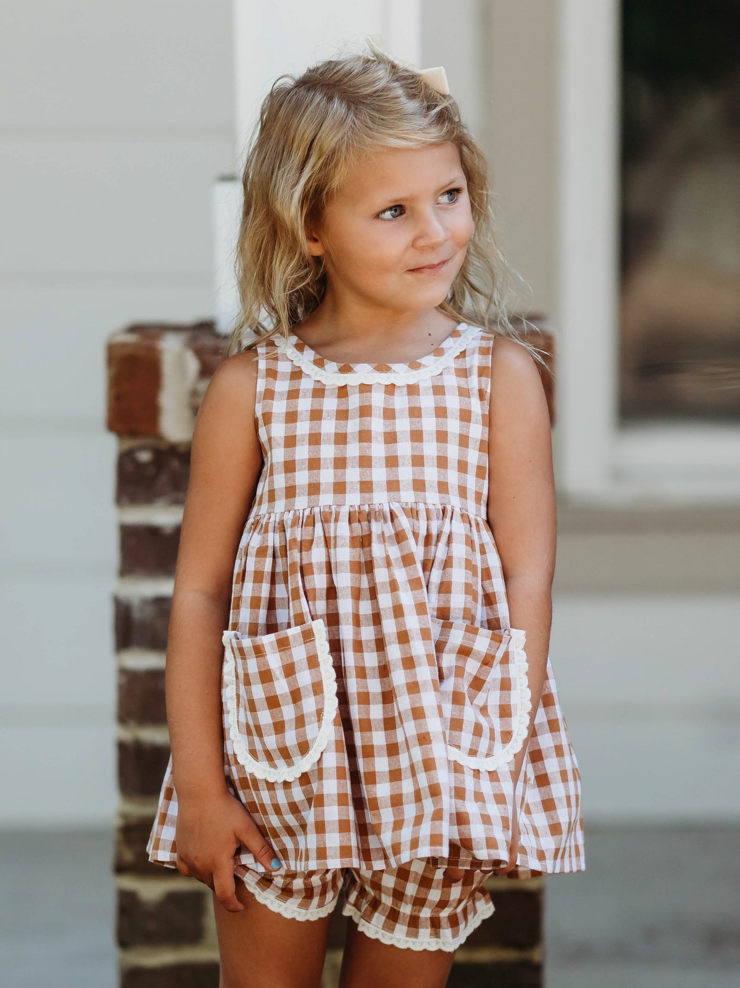 Ruffled Pocket Tunic Set - Golden Honey Check