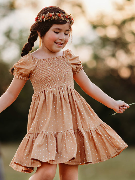 Puff Sleeve Dress - Brown Dotty