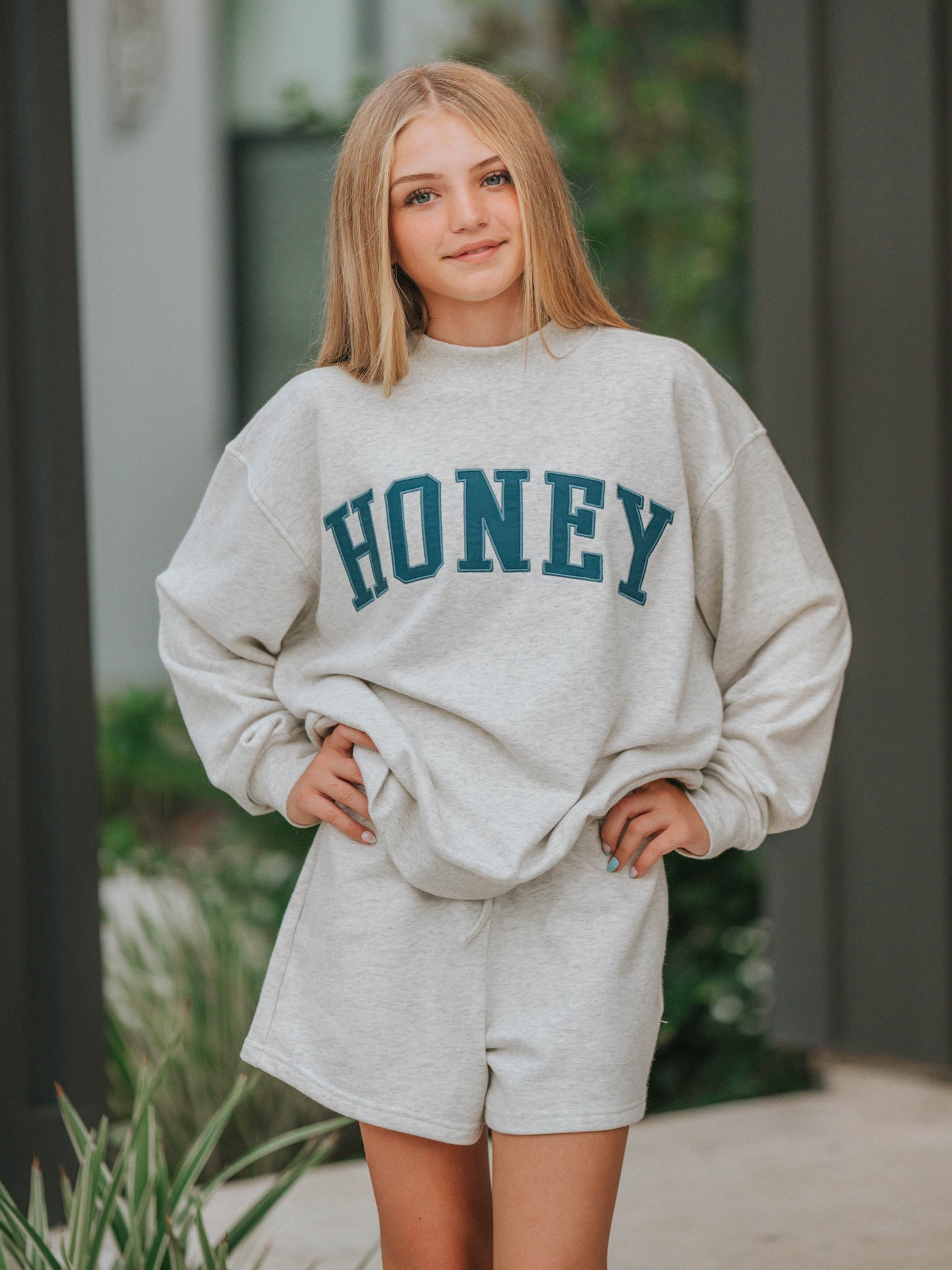 Mock Neck Sweat Set - Honey Navy on Gray