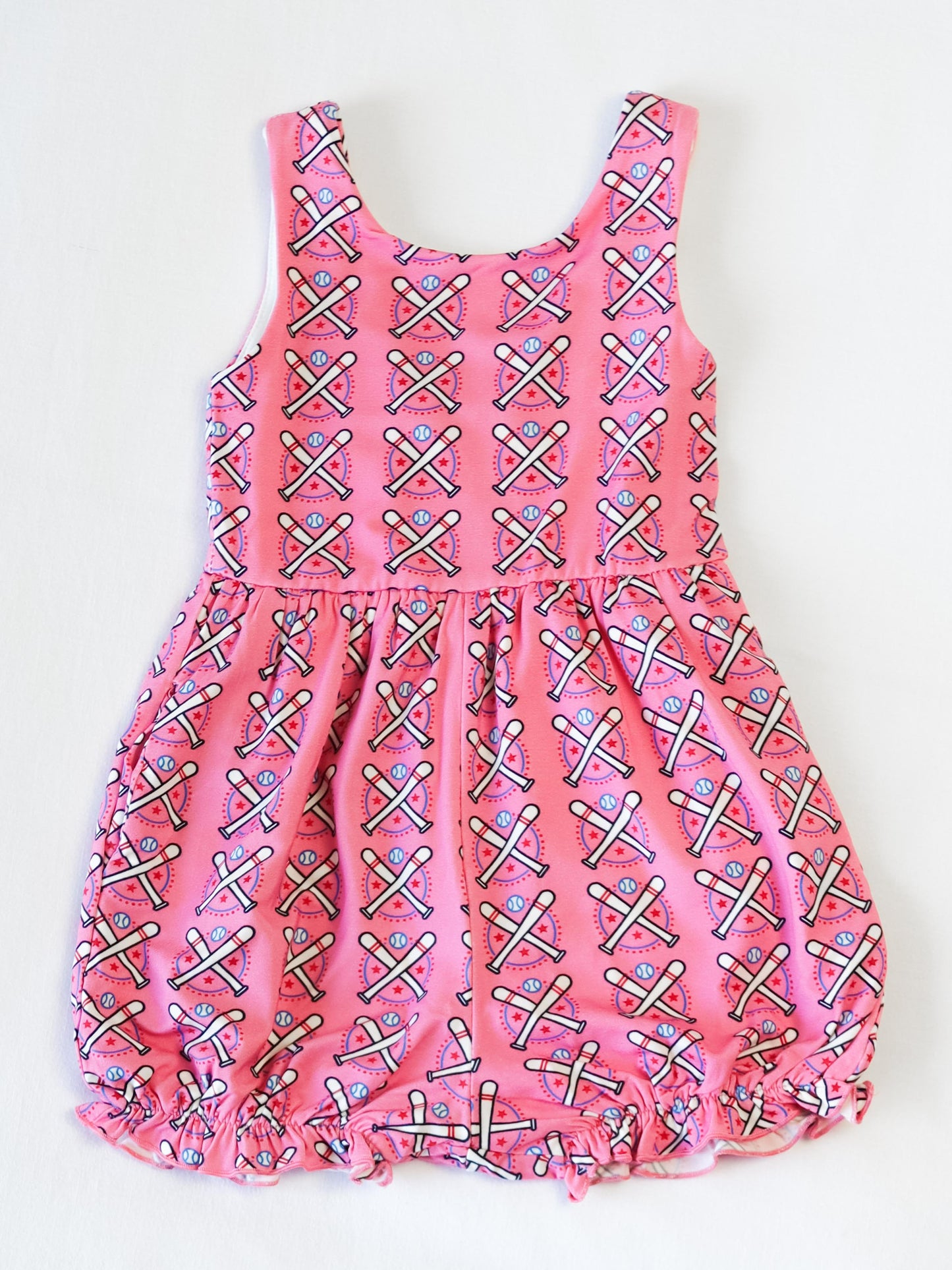 Short Leggy Romper - Baseball Bats Pink