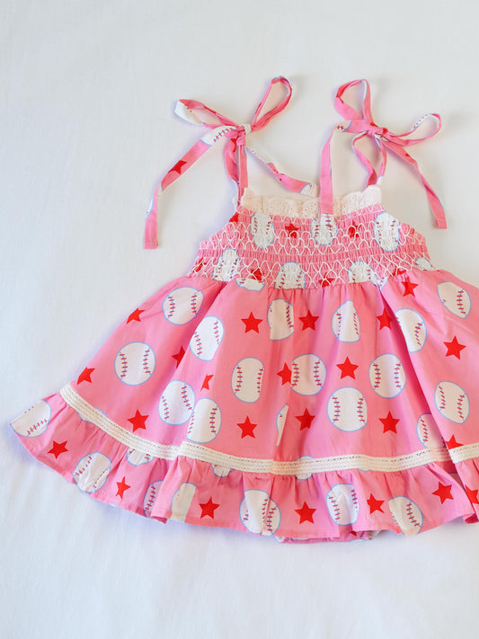 Audrey Smocked Dress - Allstar Baseball Pink