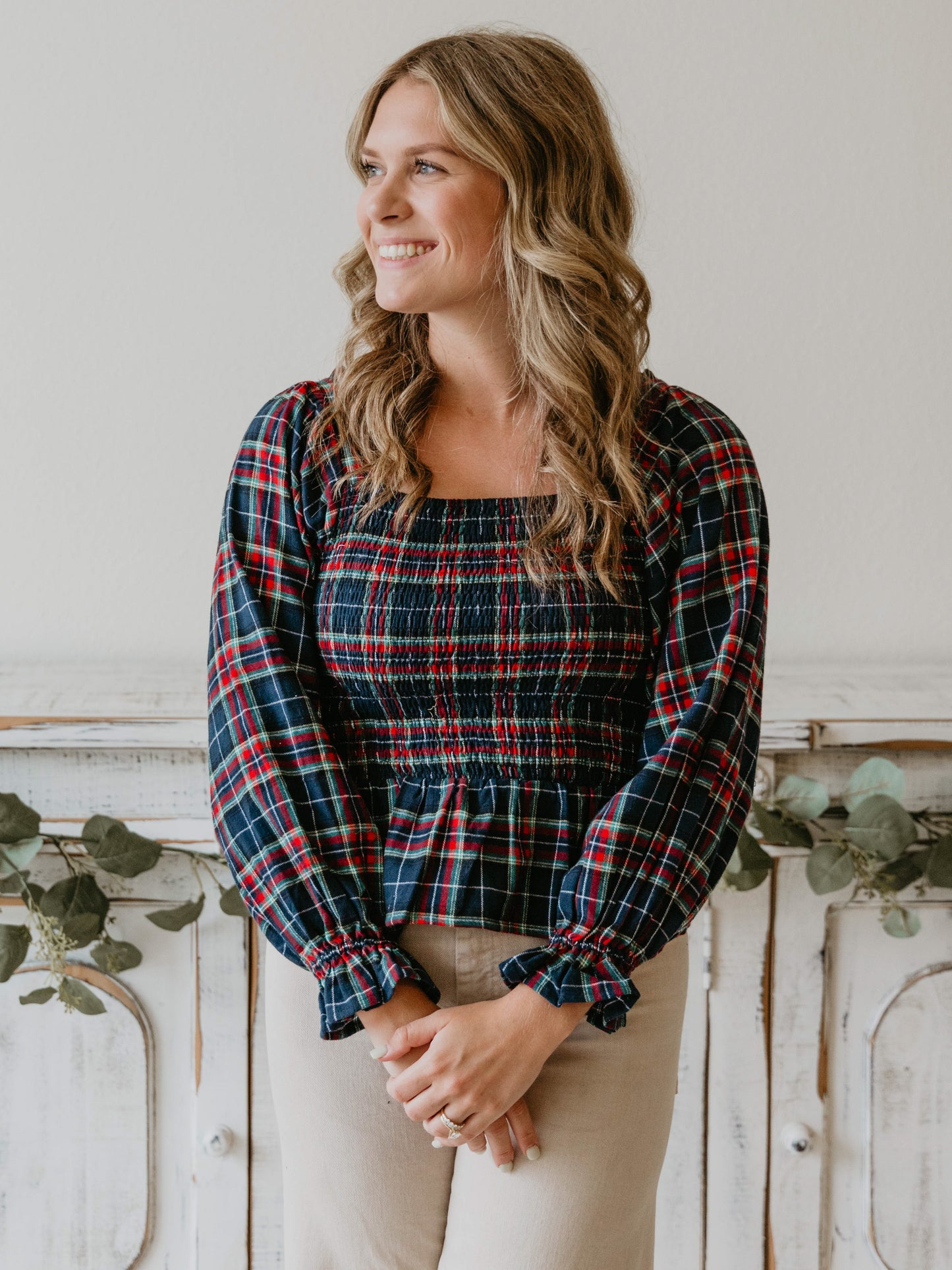 Women's Peplum Blouse - Navy Midnight Plaid