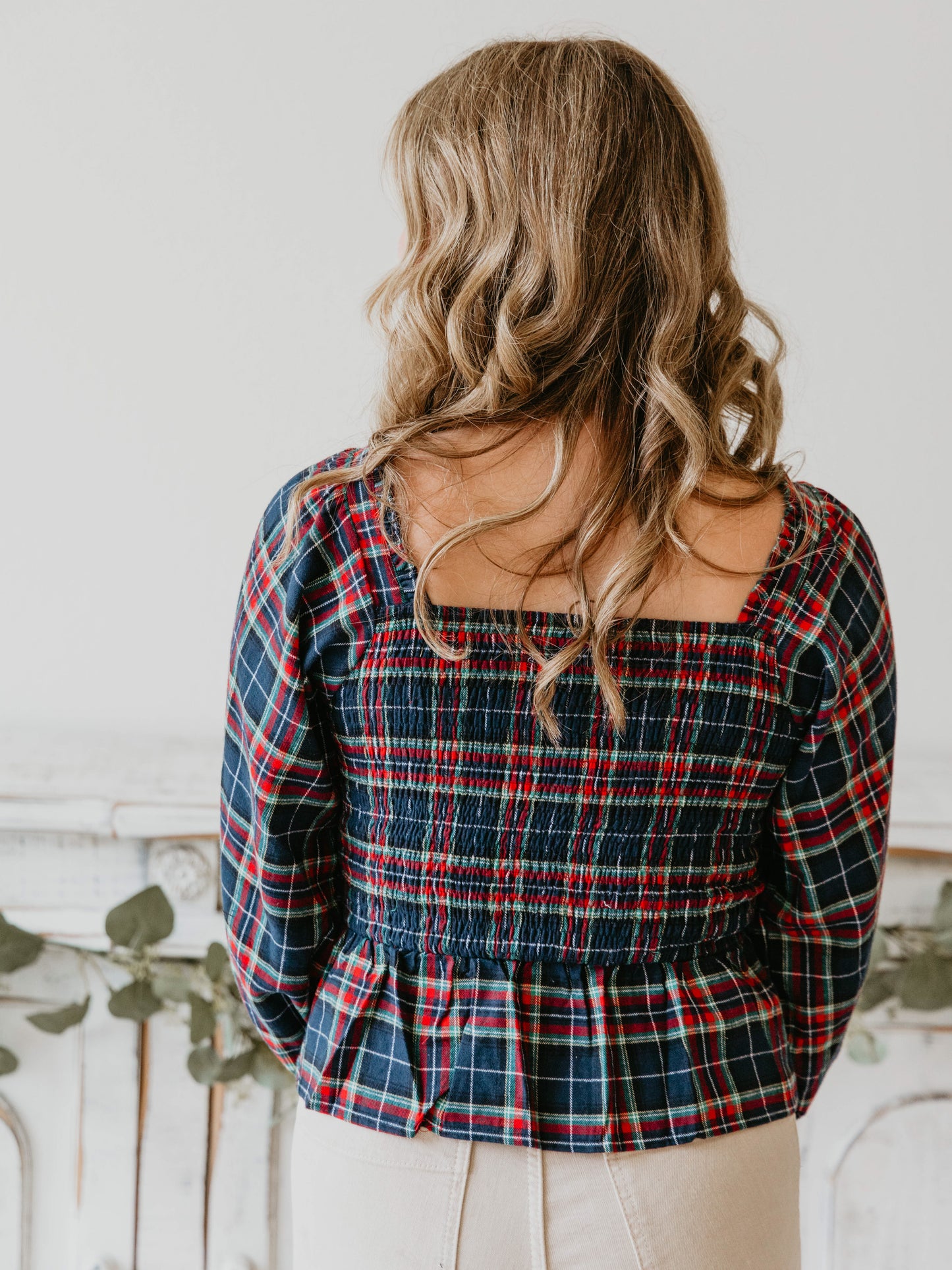 Women's Peplum Blouse - Navy Midnight Plaid