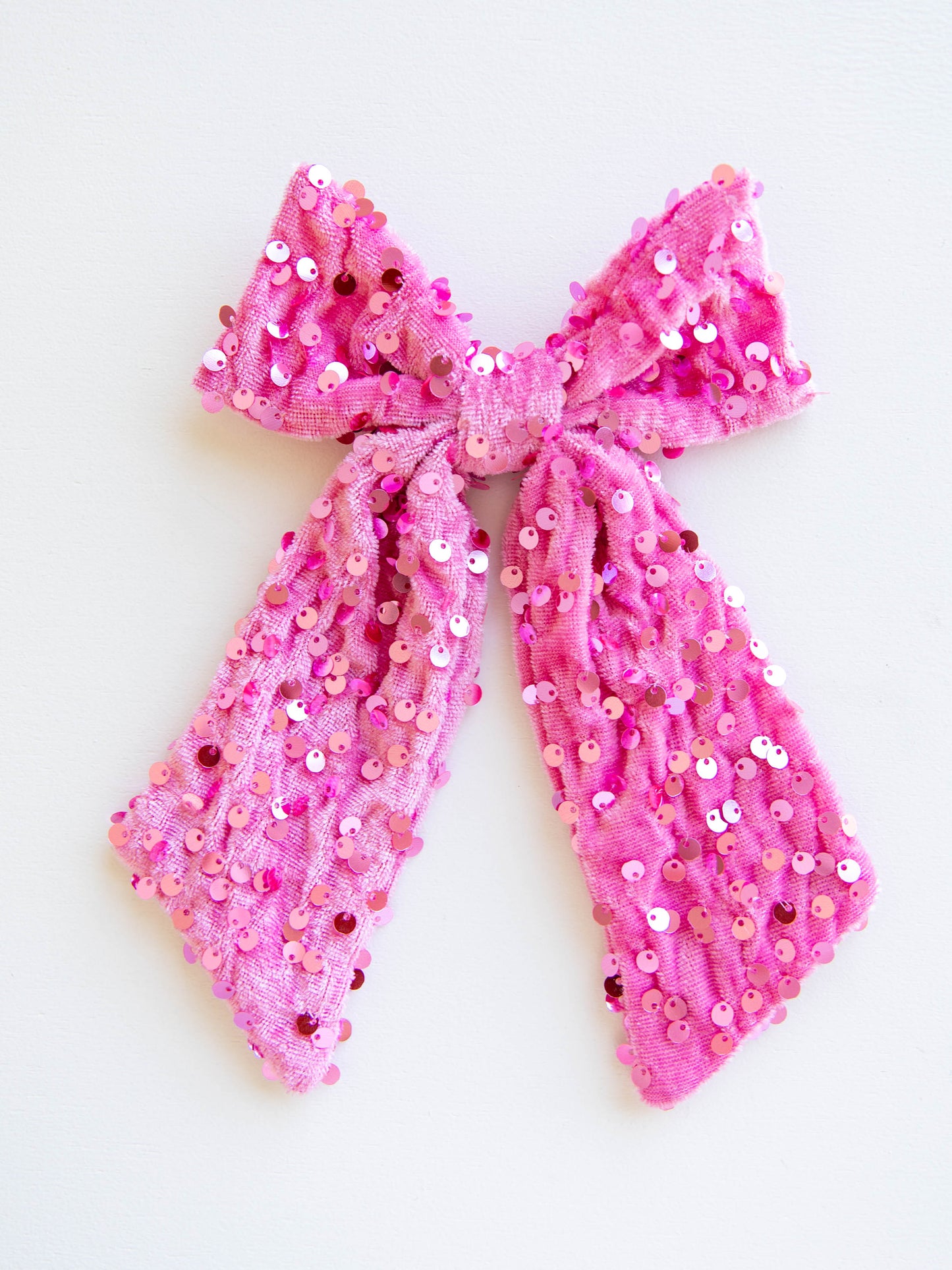 Small Long Tail Sequin Bow - Hot Pink