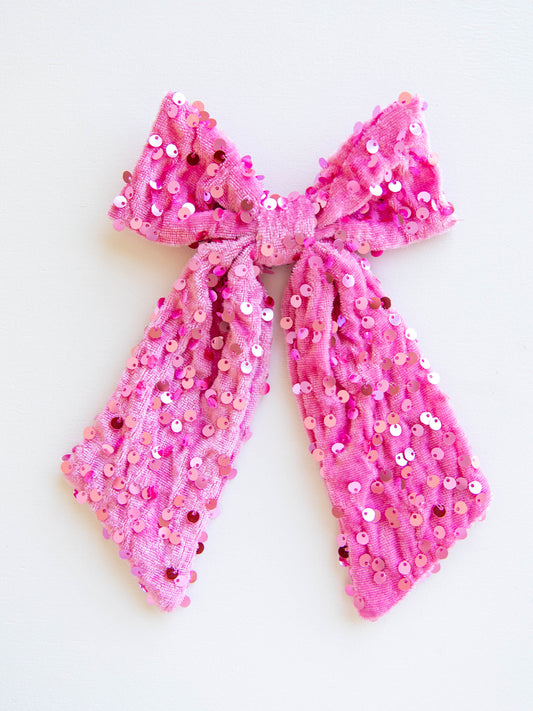 Small Long Tail Sequin Bow - Hot Pink
