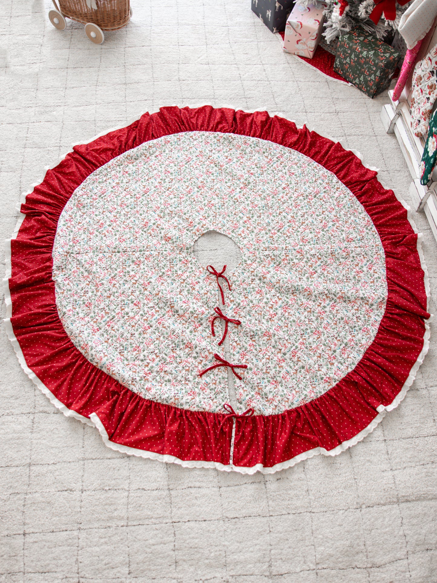 Quilted Ruffled Tree Skirt - Holly Jolly Reindeer