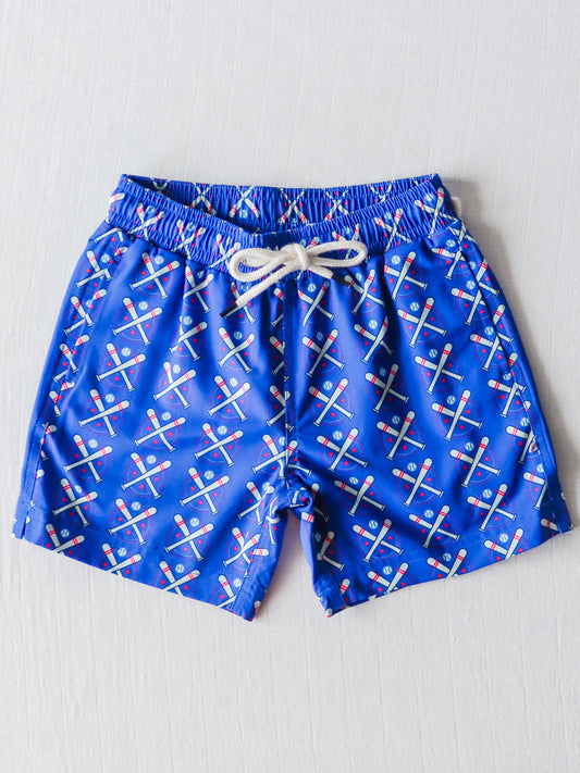 Boy's Swim Trunks - Baseball Bats Navy