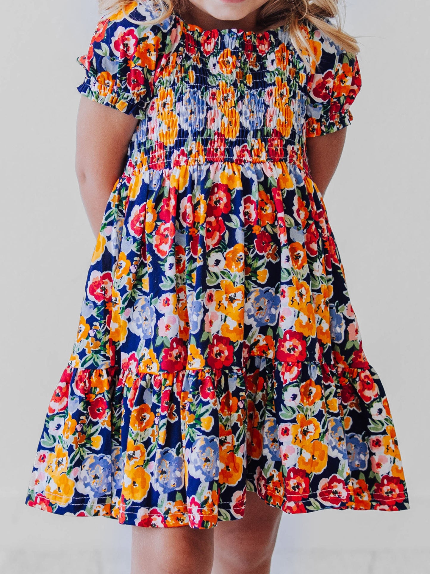 Puff Sleeve Dress - Navy Fall Blooms