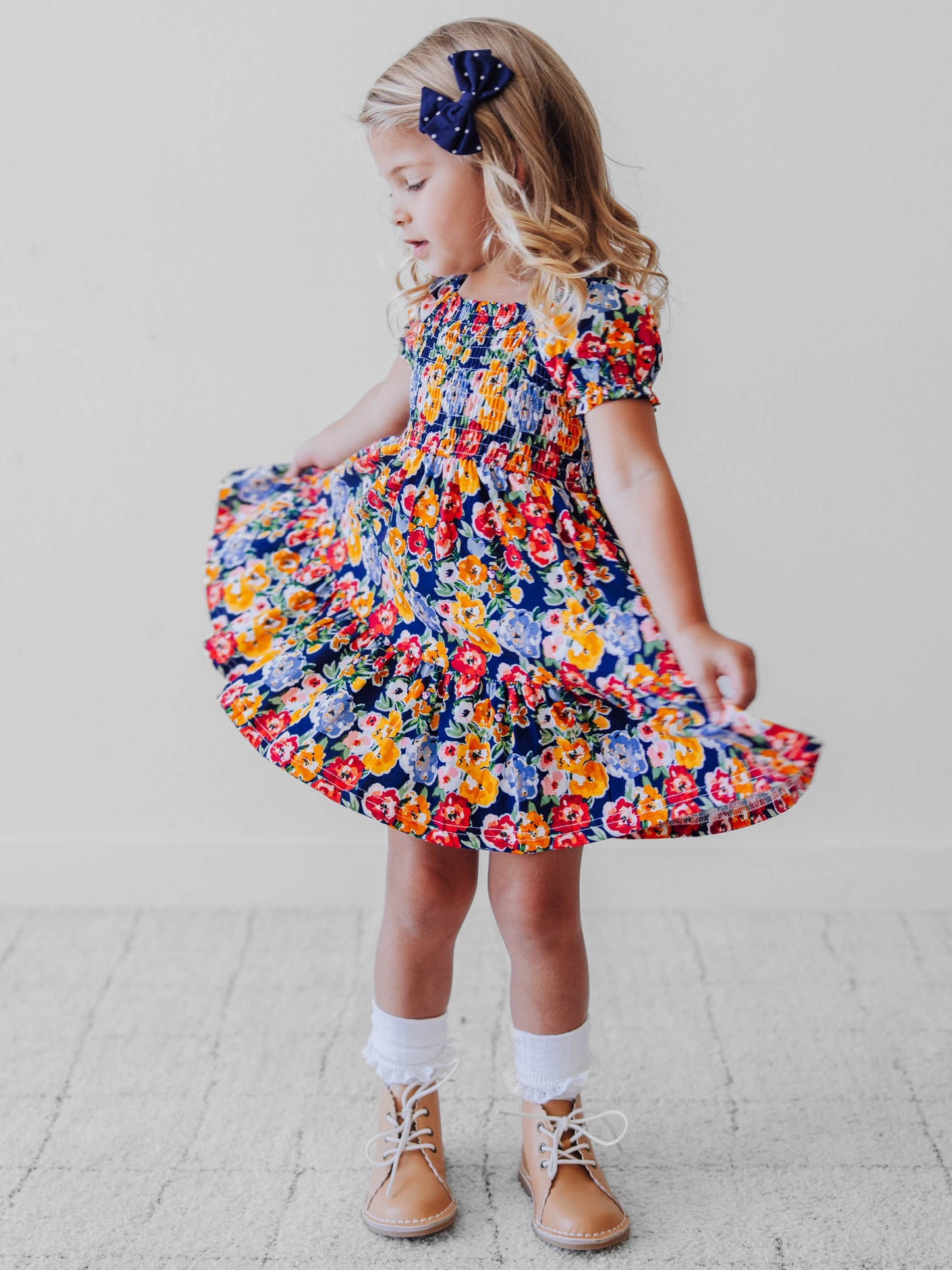 Puff Sleeve Dress - Navy Fall Blooms