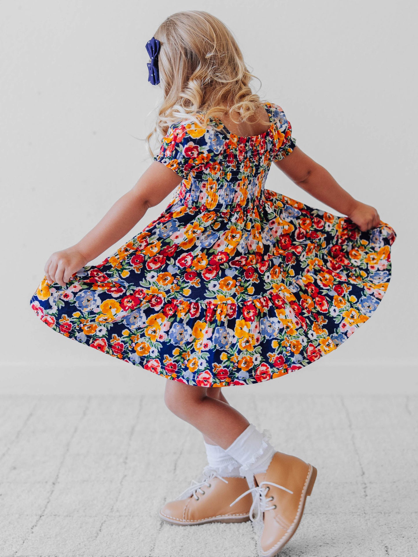 Puff Sleeve Dress - Navy Fall Blooms