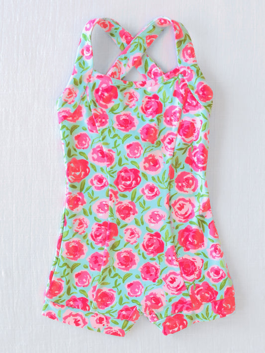 Strappy Leotard - Covered in Roses on Aqua