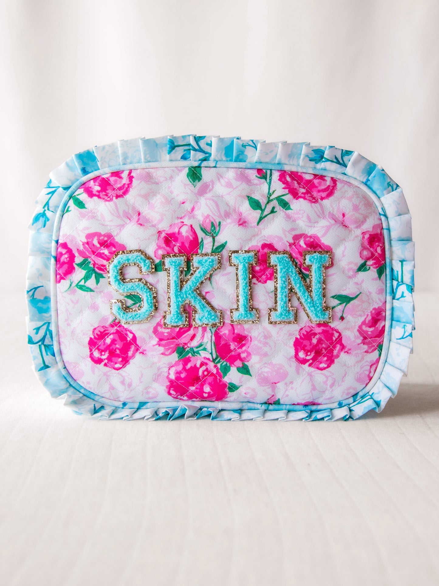 Ruffled Cosmetic Bag - Raspberry Roses