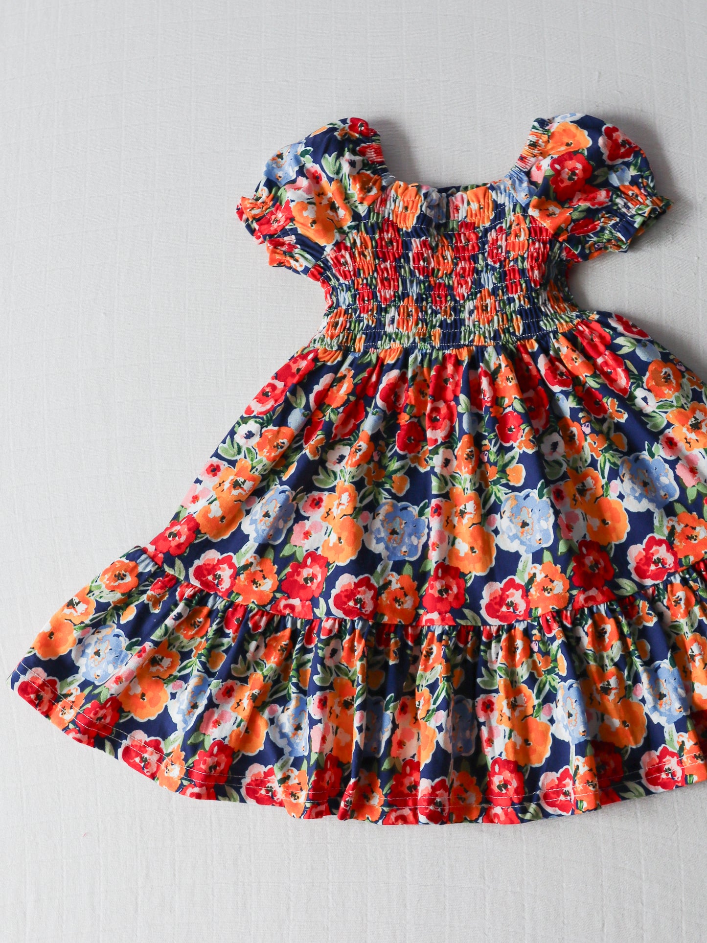 Puff Sleeve Dress - Navy Fall Blooms