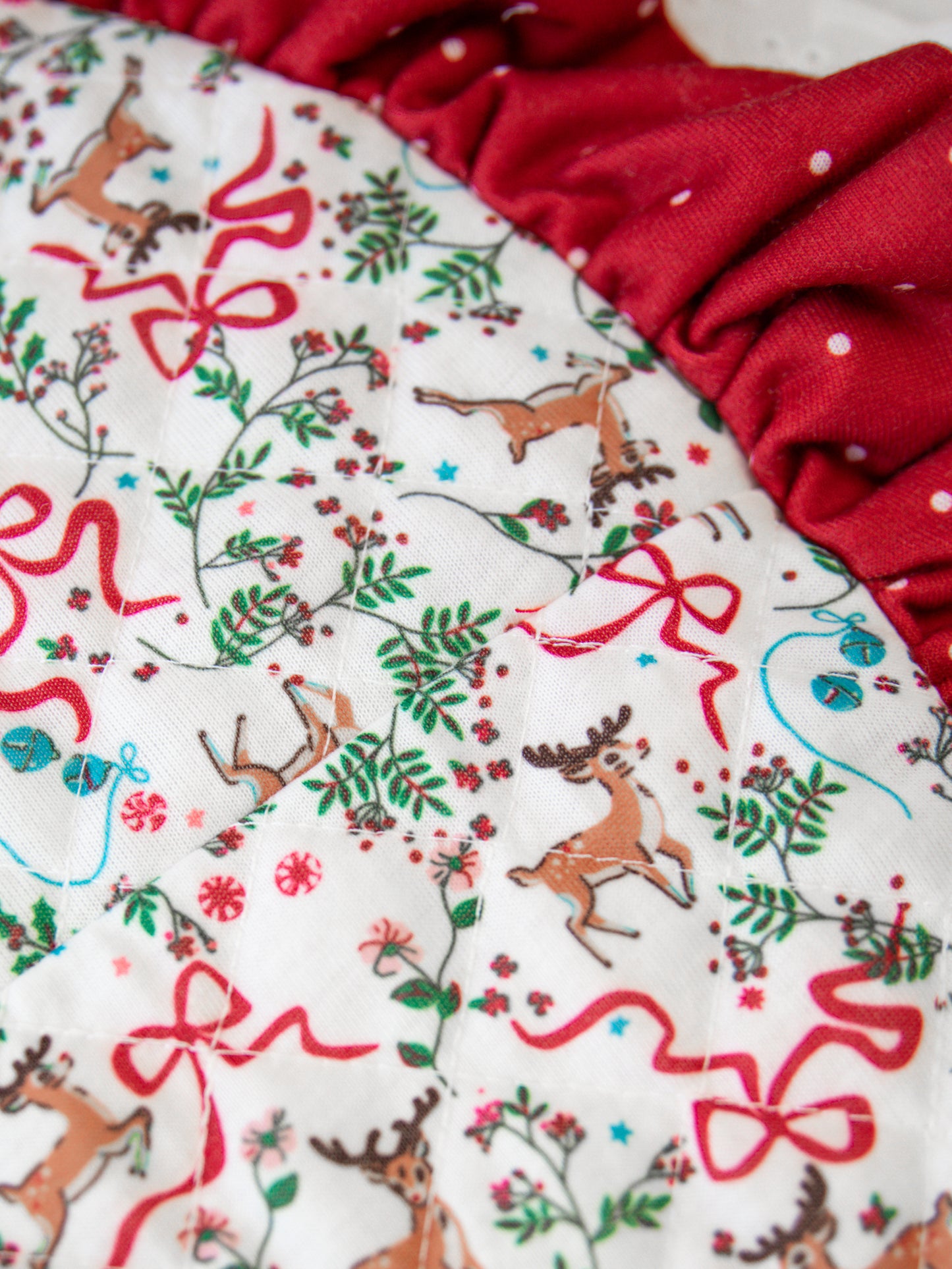 Quilted Ruffled Tree Skirt - Holly Jolly Reindeer