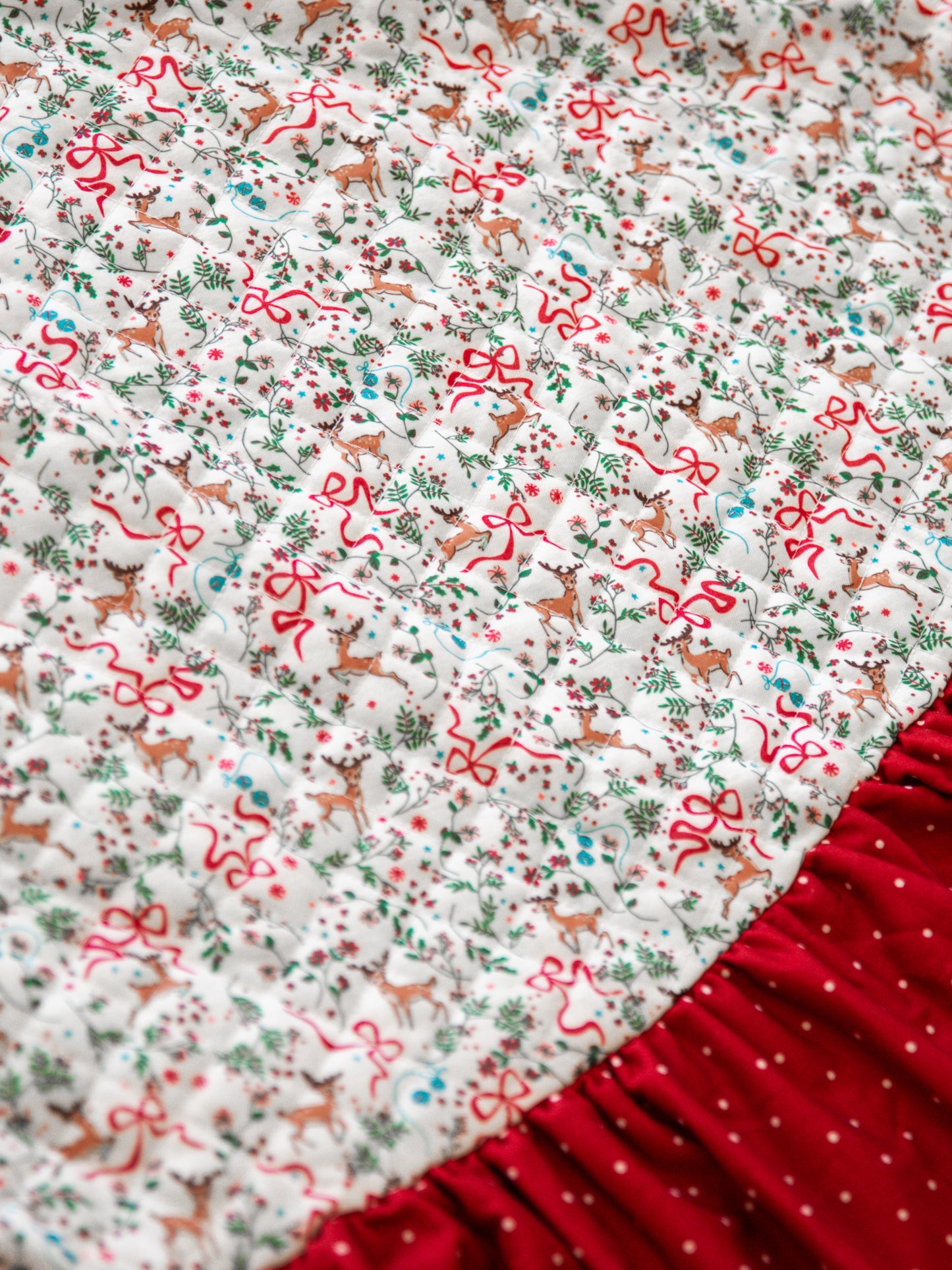 Quilted Ruffled Tree Skirt - Holly Jolly Reindeer