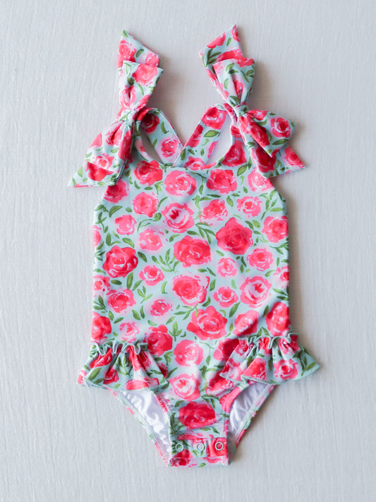 Melanie One Piece - Covered in Roses on Aqua