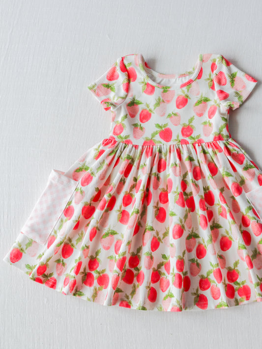 Ribbed Knit Dress - Watercolor Strawberries