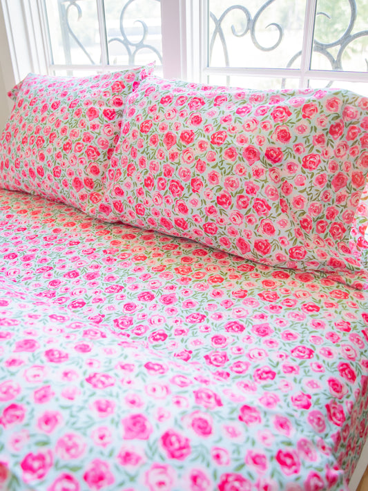 Sheet Set - Covered in Roses on Aqua