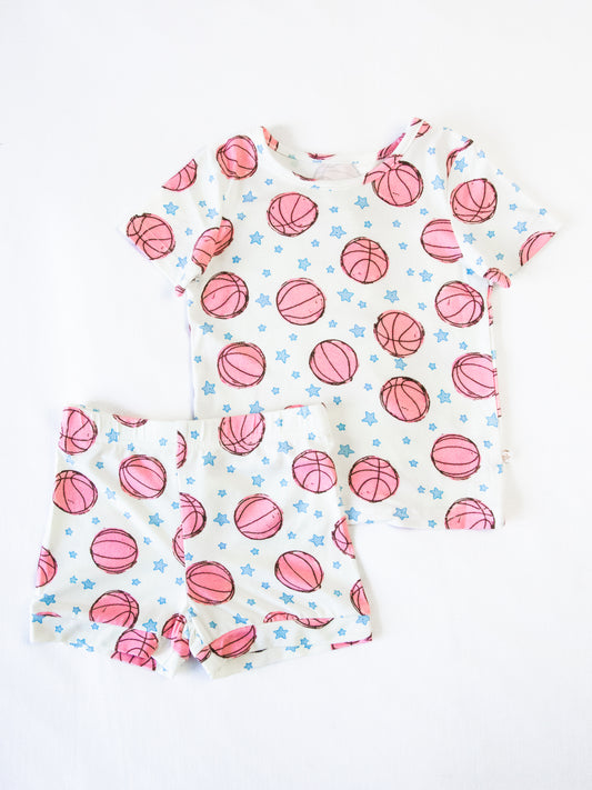 Cloud Fitted Short Set Pajamas - Pink Basketballs