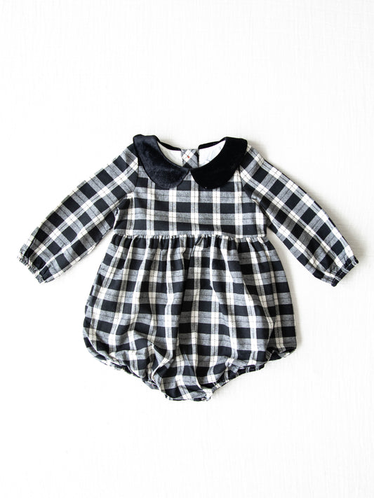 Classic Bubble - Classic Girl. This Classic Bubble has a peter pan collar and buttons down the back. It is a black and white plaid pattern.