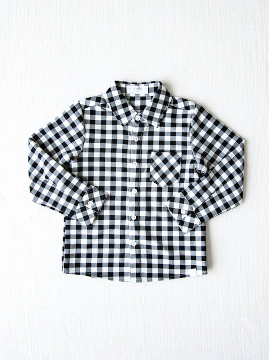 Boy's Button Up Shirt - Black Plaid. This long sleeve button up shirt is a black, white, and grey check pattern.