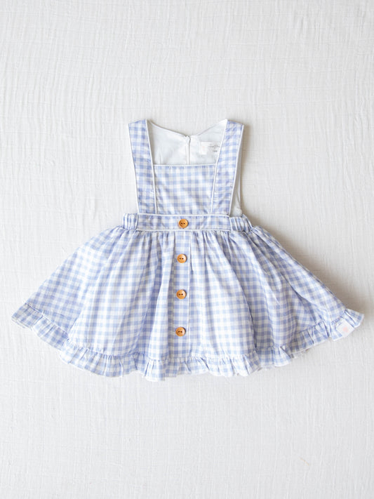 Julie Jumper - Dorothy. This light blue and white check Julie Jumper with brown accent buttons down the front of the skirt area has a lightly ruffled hem. Pair it with our Clara Top & our red glitter shoes and you have the perfect Dorothy costume.