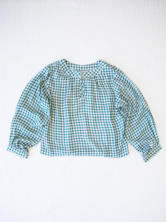 Women's Long Sleeve Blouse - Mistletoe Check. This long-sleeved blouse comes in a blue/green and white check pattern.
