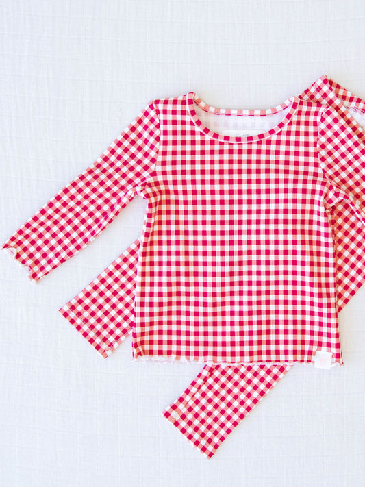 Frilled Sleeve Set - Peppermint Check. This long sleeve set comes in a red and white check pattern.