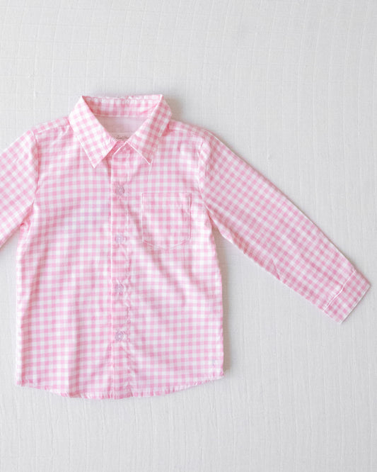 Boy's Button Up Shirt - Heart Pink Check