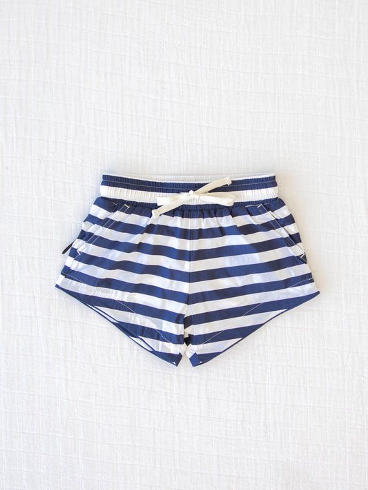 European cut style of our Boy's Everyday Lined Trunks – Blue Striped