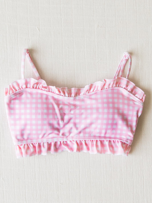 Women's Ruffle Bikini Top - Flamingo Check