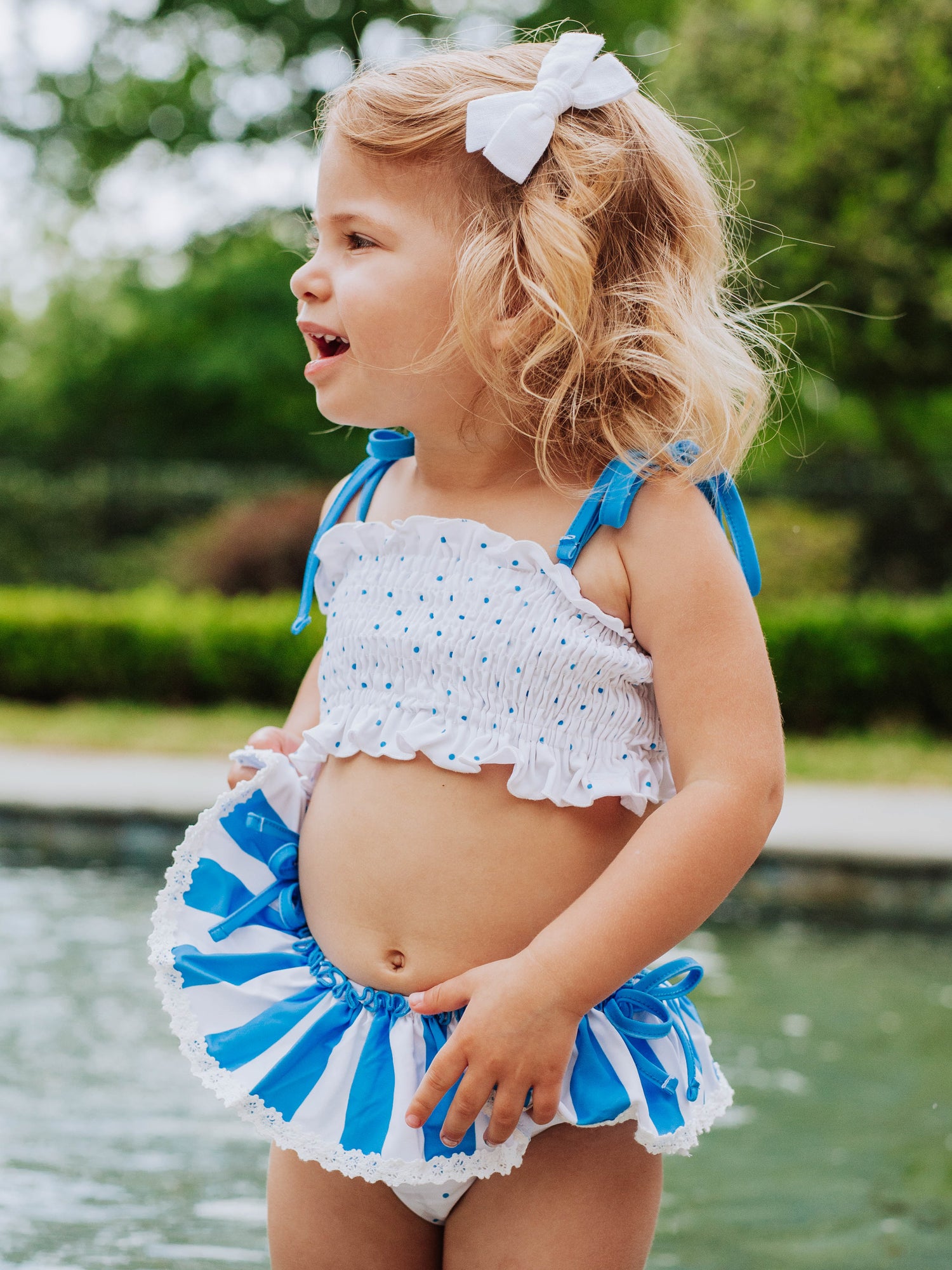 Toddler Two Piece Swimsuit | Girls Polka Dot Ruffle Skirted Swimsuit Blue / 4T/5Y