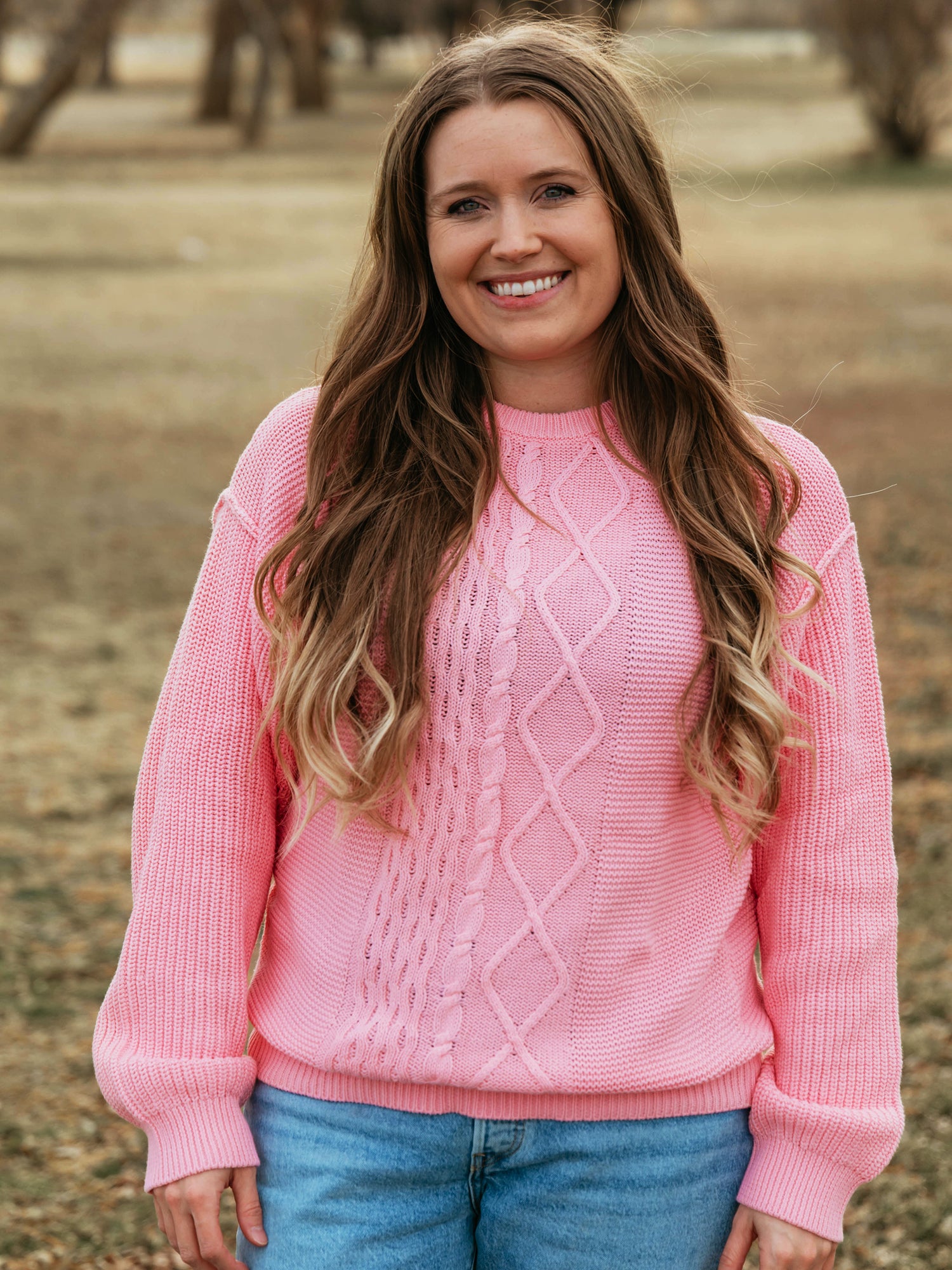 Women's Cable Knit Sweater – Bright Pink