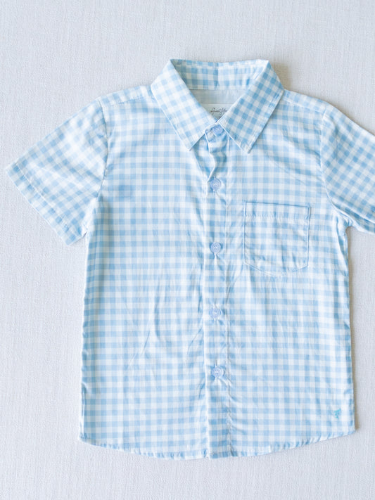 Boy's Button Up Shirt - Blue Gingham