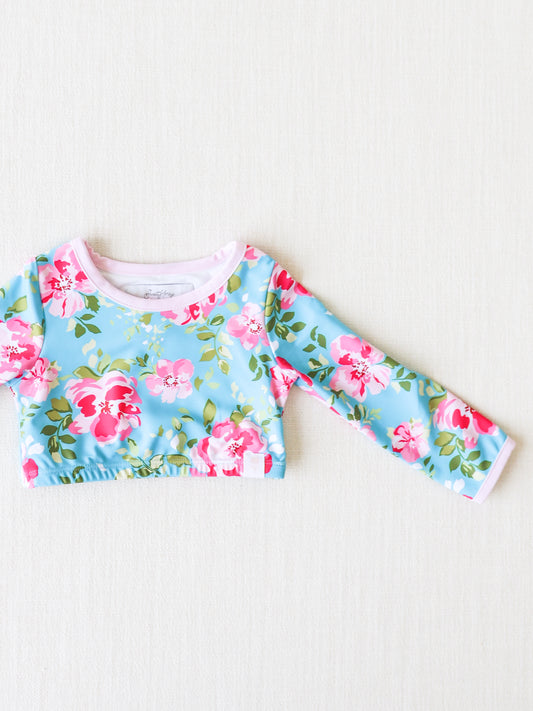 Crop Rash Guard – Swirly Floral Pinks