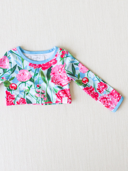 Crop Rash Guard - Bright Peonies