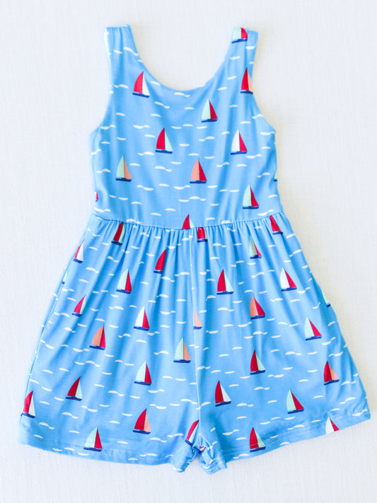 Short Leggy Romper - Sail the Ocean Blue